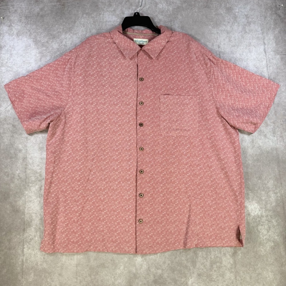 Caribbean Shirt Mens Pink Geo Textured Lines Pure Silk Short Sleeve‎ Button Up